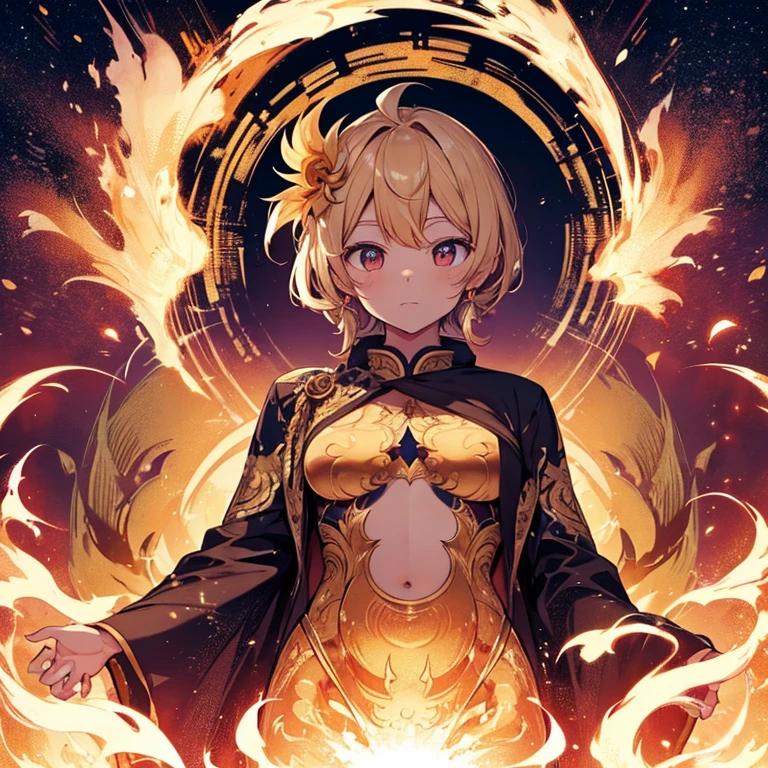 Golden Buddha，The face is human,Fortune up，Phoenix in the background,Looks like it&#39;s about to start moving,Interdimensional space,cute female baby
