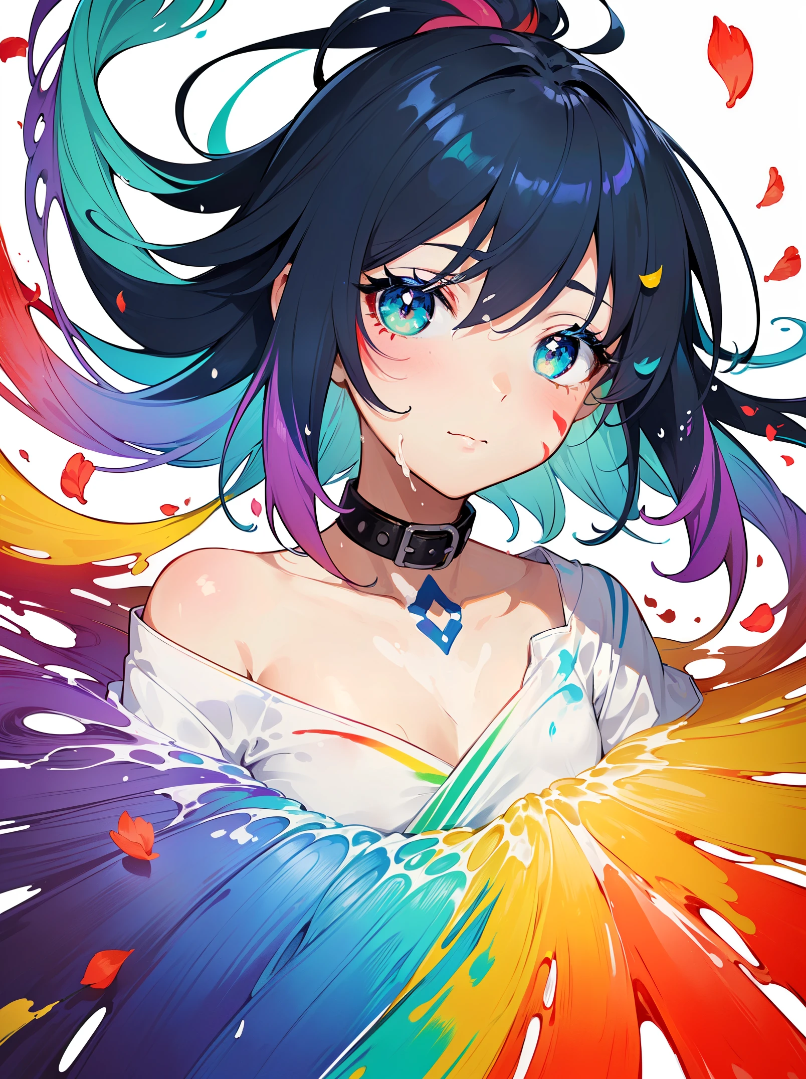 (Pink fashion T-shirt:1.9),(colorfulな髪: 1.8), (all the colours of the rainbow: 1.8),(((((vertical painting:1.6))), (painting:1.6),front, comics, figures, paintings, Big eyes, clear eyes,( rainbow color gradient high ponytail:1.7), Exquisite makeup, closed mouth,(Small Fresh: 1.5),(Wipe Chest: 1.6) ,long eyelashes, white off shoulder T-shirt, White shoulder shirt,looking at the audience, Large watery eyes, (rainbow colored hair:1.6), カラーsplash, (alone:1.8), カラーsplash, explosion of colors, thick paint style, Messy lines, ((shining)),(colorful), (colorful), (colorful), colorful, Thick paint Style, (splash) (Color splash), Vertical painting, Upper body, paint splash, Acrylic Pigment, Slope, paint, best image quality, highest quality, masterpiece, alone, Depth of bounds written, Face paint, colorful clothes, (elegant: 1.2), nice,long hair, Wind, (elegant: 1.3), (petal: 1.4),(((masterpiece))),(((highest quality))),((super detailed)),(figure),(dynamic angle),((floating)),(paint),((messy hair)),(alone),(1 girl) , (((Detailed anima face))),((beautiful detailed face)),collar,bare shoulders,gray hair, ((colorful hair)),((striped hair)),beautiful and fine eyes,(Slope color eyes),(((colorful eyes))),(((colorful background))),(((high color saturation))),(((surrounded by colorful splashes))),