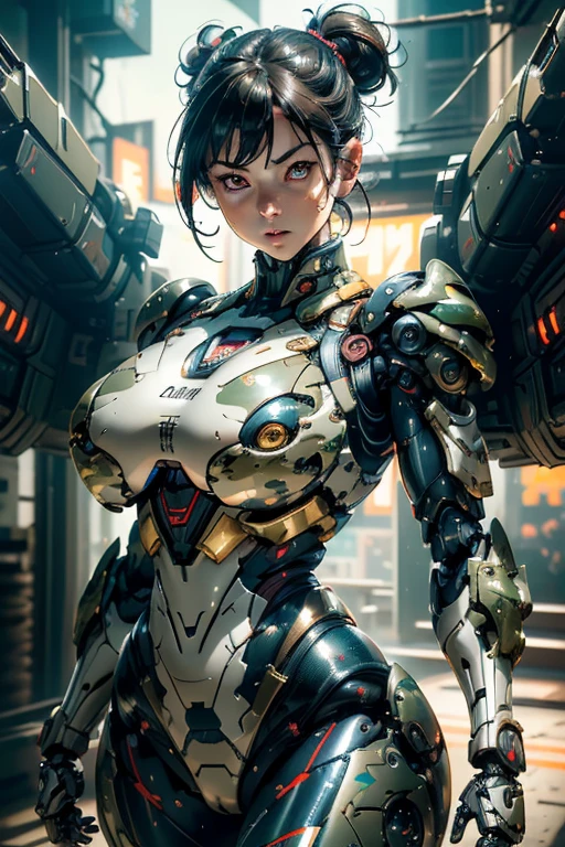 extremely detailed CG unity 32K wallpaper, top quality, masterpiece, raw photo, photorealistic, highest resolution, professional photo, dynamic, cinematic lighting, (cyberpunk:1.4), science fiction, sharp focus, depth of field, (perfect body, correct anatomy:1.5), intricately detailed face, expressive face, POV, (from front:1.3), 1 girl, Japanese woman, ((female soldier:1.3)), mecha-musume, ((solo:1.2)), (cowboy shot:1.2), black hair, (SINGLE hair bun:1.2), short hair, ultra-realistic skin, detailed skin, tan, (dark and narrow eyes:1.4), highly detailed nose and lips, (:1.1), ((camouflaged, combat uniform:1.3)), slender, beautiful breast, petit, (perfect body proportion:1.3), (correct body proportion:1.5), ((powered suit, mechanical body armor, highly weaponized body:1.5)), (((in combat with hostile army:1.2))), (((a pair of huge guns is mounted on the girl’s both shoulders:1.5))), (((outdoor, battlefield, rainforest of Africa, noon:1.3)))