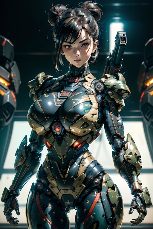 extremely detailed CG unity 32K wallpaper, top quality, masterpiece, raw photo, photorealistic, highest resolution, professional photo, dynamic, cinematic lighting, (cyberpunk:1.4), science fiction, sharp focus, depth of field, (perfect body, correct ???????:1.5), intricately detailed face, expressive face, POV, (from front:1.3), 1 girl, Japanese woman, ((female soldier:1.3)), mecha-musume, ((solo:1.2)), (cowboy shot:1.2), black hair, (SINGLE hair bun:1.2), short hair, ultra-realistic skin, detailed skin, tan, (dark and narrow eyes:1.4), highly detailed nose and lips, (baby face:1.1), ((camouflaged, combat uniform:1.3)), slender, beautiful breast, petit, (perfect body proportion:1.3), (correct body proportion:1.5), ((powered suit, mechanical body armor, highly weaponized body:1.5)), (((in combat with hostile army:1.2))), (((a pair of huge guns is mounted on the girl’s both shoulders:1.5))), (((outdoor, battlefield, rainforest of Africa, noon:1.3)))