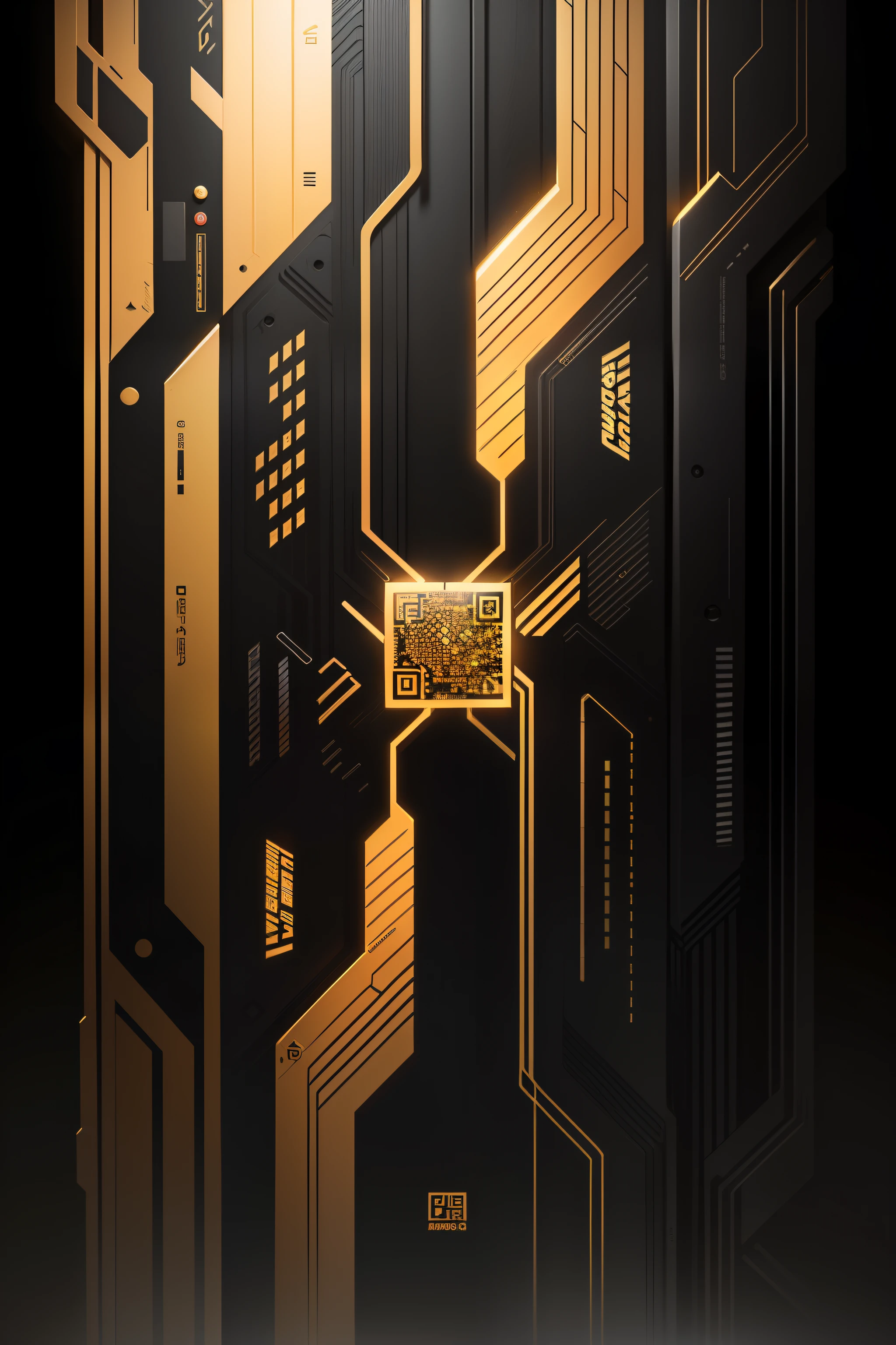 Com chip、Black gold theme vector poster of circuit elements graphic design，Entre eles, the chip occupies the main position in the figure，Must be able to contain a QR code；O circuito deve ser preenchido de forma coordenada com a imagem completa，It diverges outwards centered on the chip position。Beyond chips and circuits，Other elements such as text should not appear on the poster。