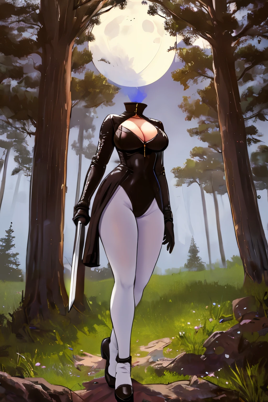 Highly detailed, High Quality, Masterpiece, beautiful, DisembodiedHead, 1girl, solo,  headless, knight, cleavage, armour, suit, black leotard, long sleeve gloves, white pantyhose, white tights, black high boots, sword, forest, tree, night, fantasy, moon, moonlight, full body,