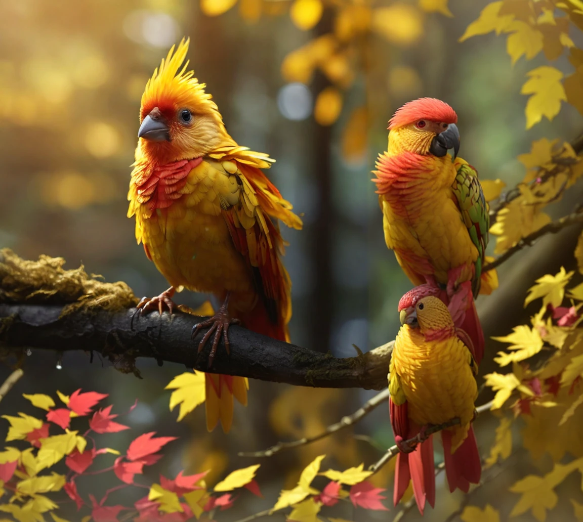 森の枝に止まっている赤い羽を持つ黄色い鳥, 燃えるような鳥, 色とりどりの鳥で、長い, ジャングルでは珍しい鳥, 黄色のくちばし - SeaArt AI