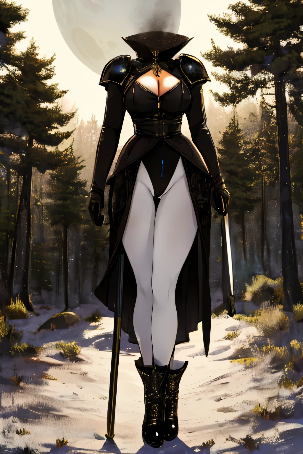 Highly detailed, High Quality, Masterpiece, beautiful, DisembodiedHead, 1girl, solo,  headless, knight, cleavage, armour, suit, black leotard, long sleeve gloves, white pantyhose, white tights, black high boots, sword, forest, tree, night, fantasy, moon, moonlight, full body,