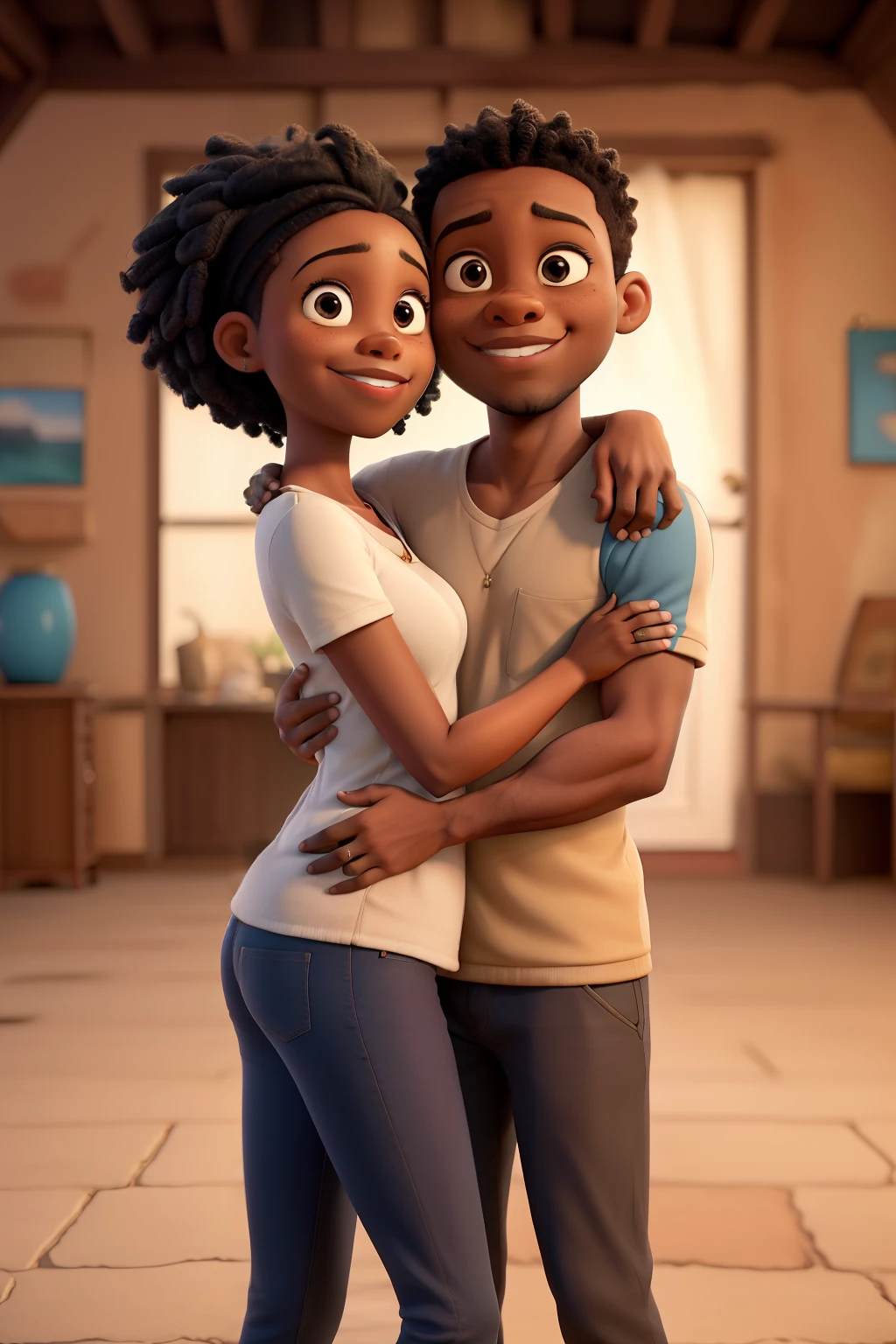 ((african american couple hugging)), ((cartoon)), ((melhor qualidade)), ((obra de arte)), (detalhado), rosto perfeito