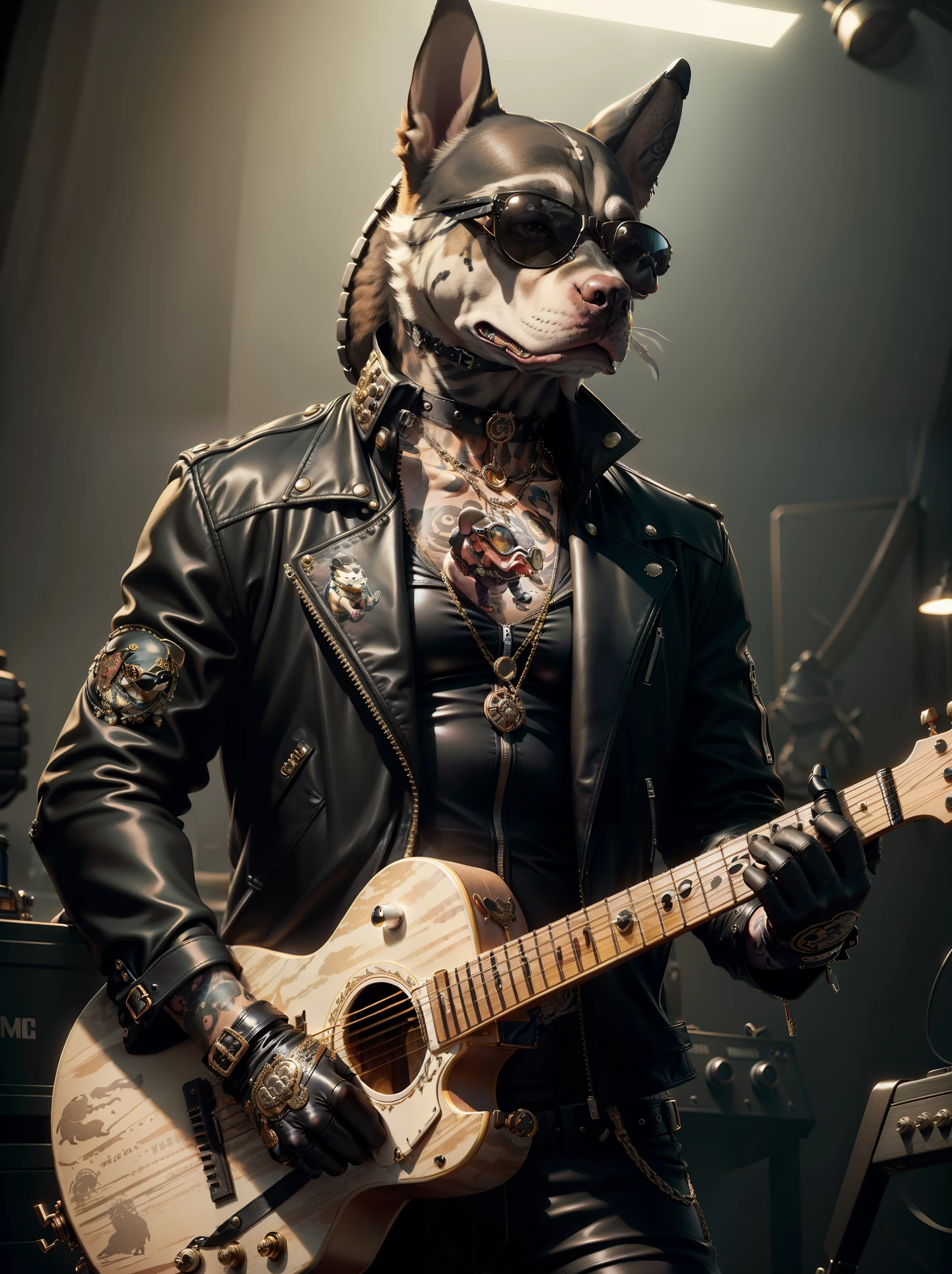 (1 dog (an anthropomorphic turtle,))wearing a choker,Tattooed, sunglasses, black leather jacket,Black gloves,holding guitars