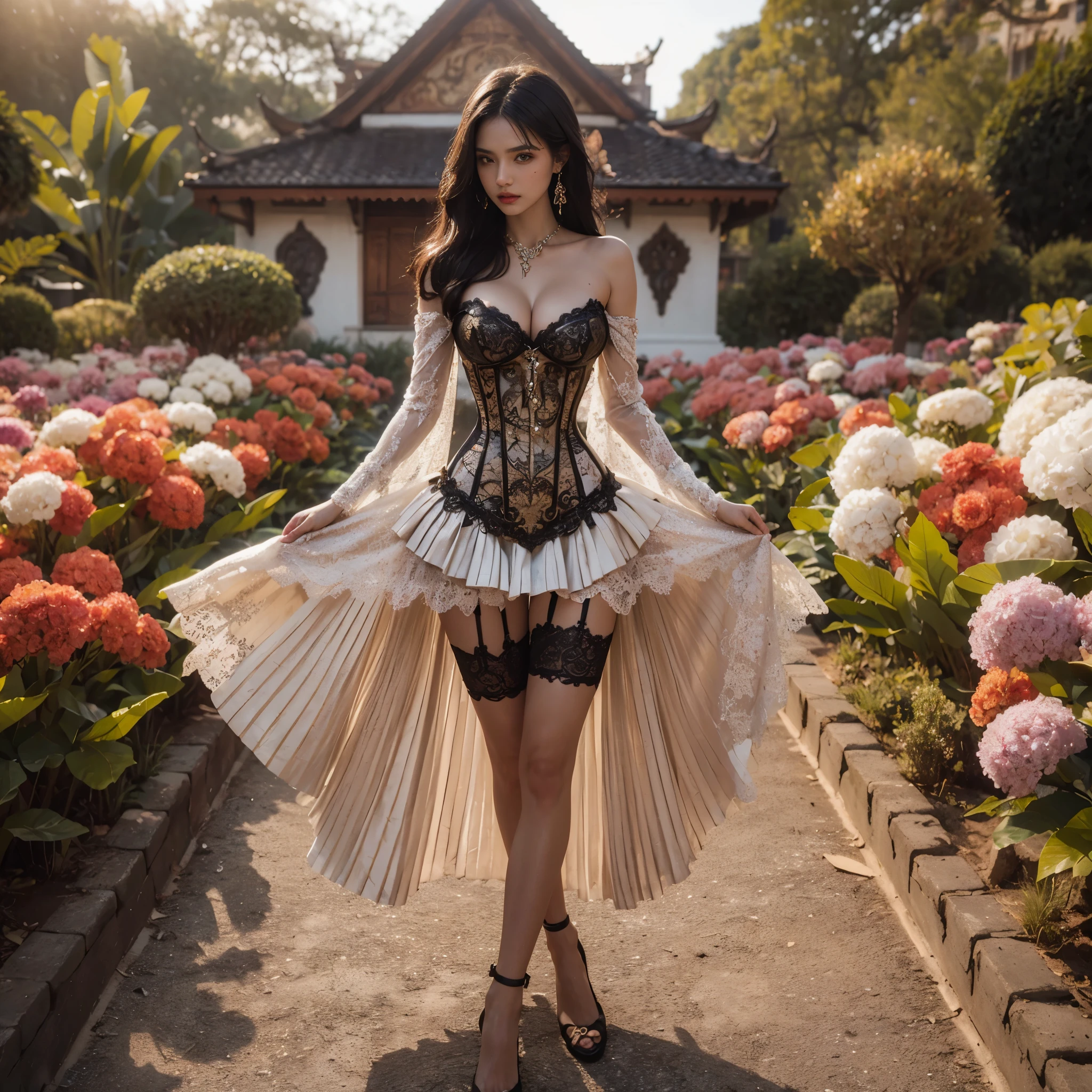 arafed woman with bustier gigantic breast in a corset and dress in front of a building, wearing an ornate outfit, ornate dress, intricate dress, elegant corset, ornate and elegant, extravagant dress, inspired by Hedi Xandt, ornate attire, intricate outfit, ornate royal gown, ornate clothing, ornate gown, intricate and elegant, intricate detailed dress, ornate , royal dress,  masterpiece, best quality:1.2),,(8k,highres,RAW photo,realistic,photo-realistic:1.3),(detailed skin texture,detailed cloth texture,beautiful detailed face:1.25),professional lighting,photon mapping,beautiful soft light,radiosity,physically-based rendering,raytracing, model shoot style, model shoot style, (extremely detailed CG unity 8k wallpaper), full shot body photo of the most beautiful artwork in the world,