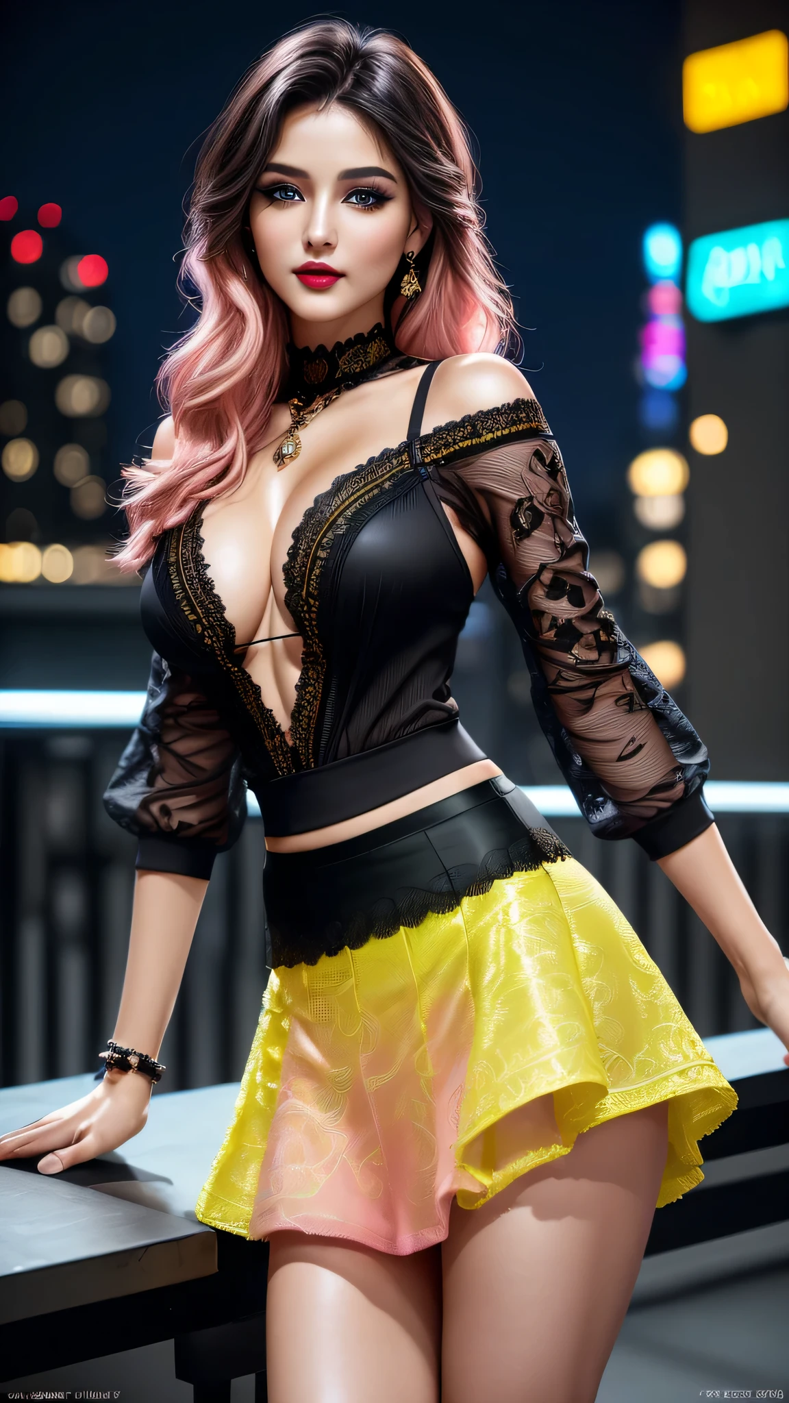 Ultra-realistic movie master pie with ultra-detailed primetime portraits, high quality, 8K, table top, Ultra HD, 1 girl, 25 years old、fashion supermodel, (Glamour, paparazzi taking pictures of her), ((Random style and color hair)), (super elaborate provocativ evening wear:1.28), masterpiece, high quality, high quality, High resolution、 black_mascara put in Long eyelashes:1.5, dark (eyesshadows:1.35), (Glossy) red_lips:1.24, ((brown_eyes)), (iridescent eyes), vibrant eyes:1.35, high contrast, dark shot:1.5, (seductive smile), ((pink_makeup cheeks:1.2)), ((tanned skin:1.15)), white shot:1.2, Attention to detail, Double eyelids, Wear an off-shoulder top, (narrow waist:1.3), ass:1.3, ((slim face)), slim belly: 1.32, (very slim, well-muscled body:1.35), ((city night), (neon sign), (night), walking), Hasselblad, 135mm, f/2.8, (layer cut: 1.33), ((no Pantieposing thighs)), (jewelry), chains, bracelets, pendants, earrings), ((blue silken skirt, (tinyskirt:1.32), no_panties, curvy)), ((short skirt wrapped at the hips))), (Look sideways, look up, look down), (random expressions), BRAKE, (rich including decorative embroidery:1.15), (yellow and Black lacy:1.35), (very intricate design of epic bodysuits:1.28), ((city night), (neon sign), (night), (full breasts:1.32), (from the Knee Up),