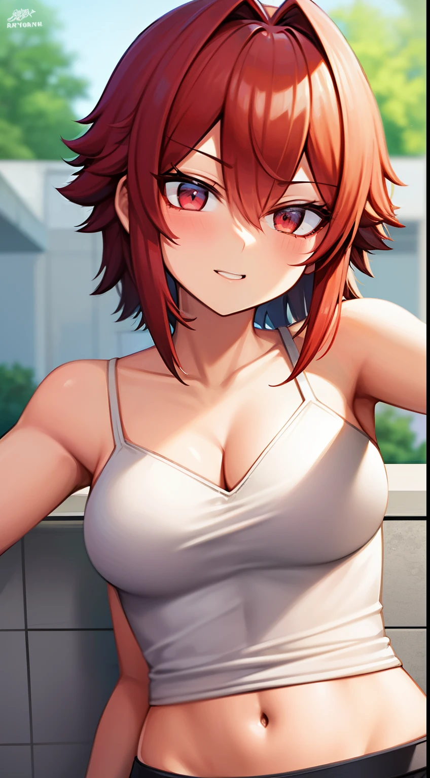 8k, best quality, masterpiece, ultra-detailed, garota linda de anime, sozinha, alone, only a girl, somente uma garota, she is alone, shes alone, olhos vermelhos, olhos avermelhados, olhos de cor vermelha, red eyes, cabelos curtos, solo, red hair, cabelos vermelhos, casual clothes, smug
