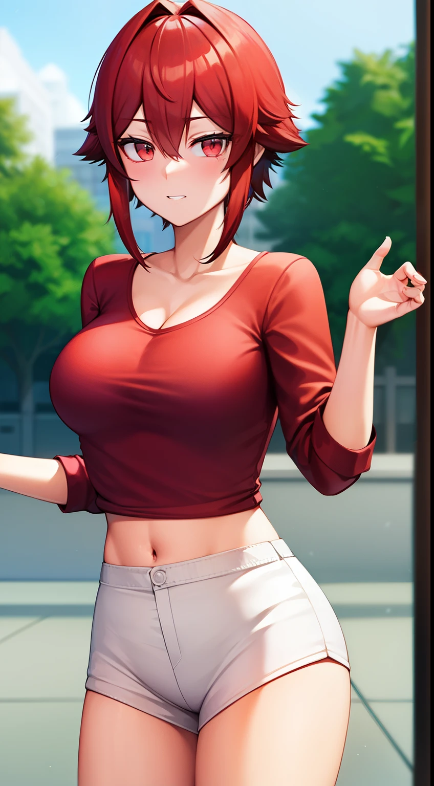 8k, best quality, masterpiece, ultra-detailed, garota linda de anime, sozinha, alone, only a girl, somente uma garota, she is alone, shes alone, olhos vermelhos, olhos avermelhados, olhos de cor vermelha, red eyes, cabelos curtos, solo, red hair, cabelos vermelhos, casual clothes, smug