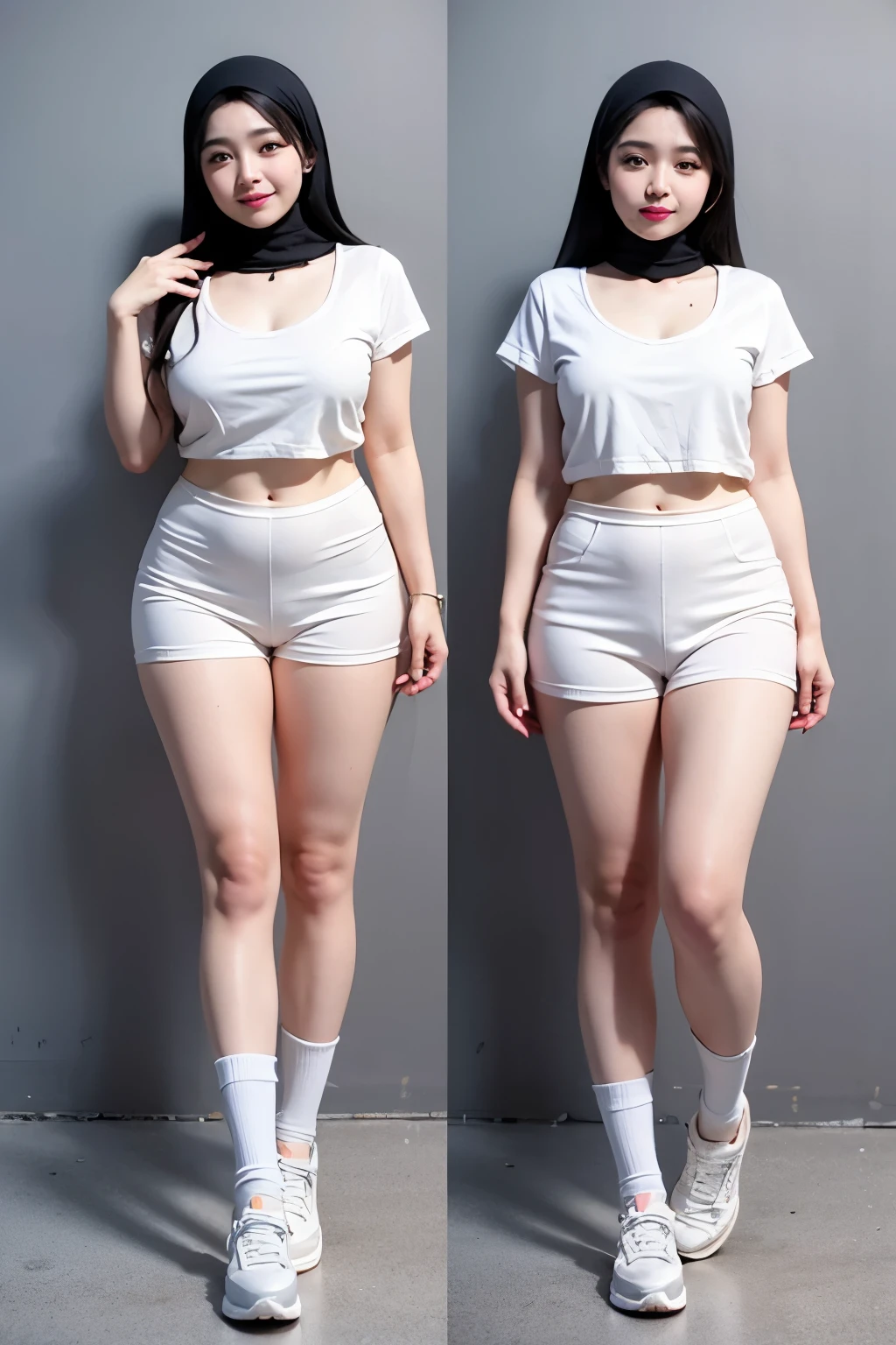 ((best quality)), ((masterpiece)), (detailed), perfect face, wanita dewasa, hijab menutupi dada, tubuh chubby, paha besar, wajah bayi, full body view, 9:16, mempesona, tubuh chubby, ada wong, sneakers, wanita tinggi, cute face