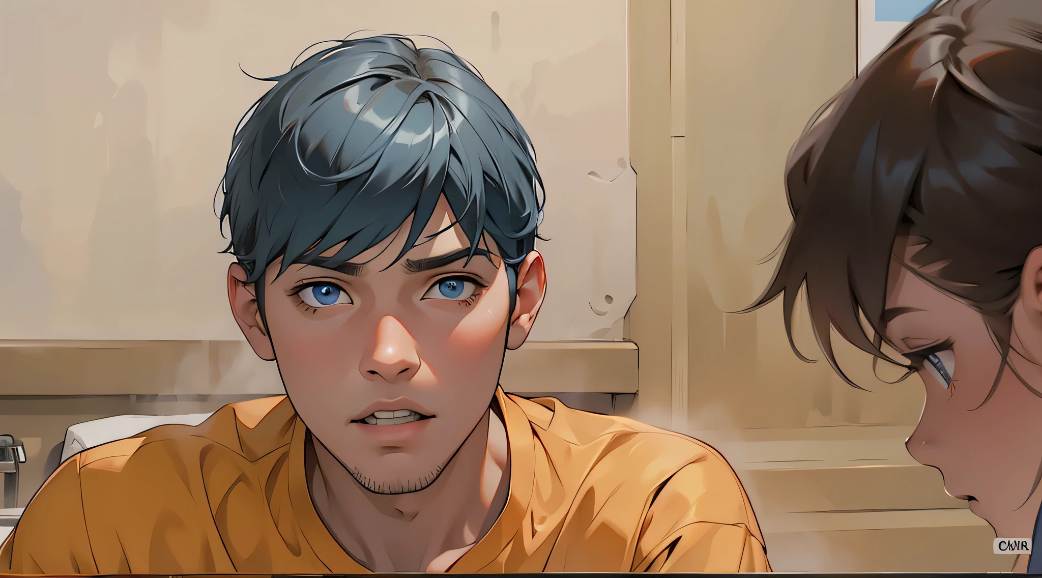 tiene cabello y ojos de color naranja , camisa de color azul cielo