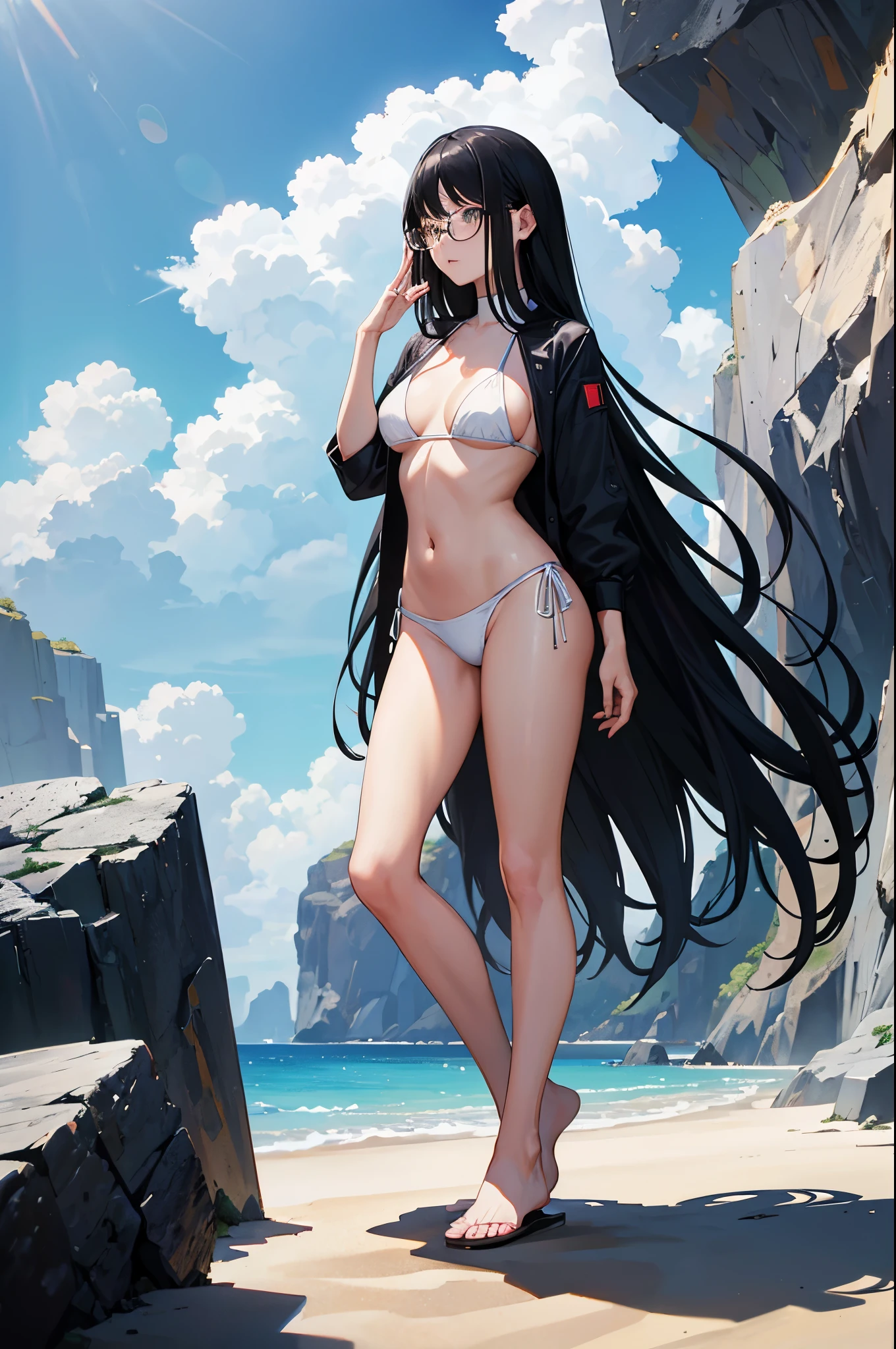 1woman, long black hair, glasses, white bikini, beach, standing on ground, high res, ultra sharp, 8K, masterpiece