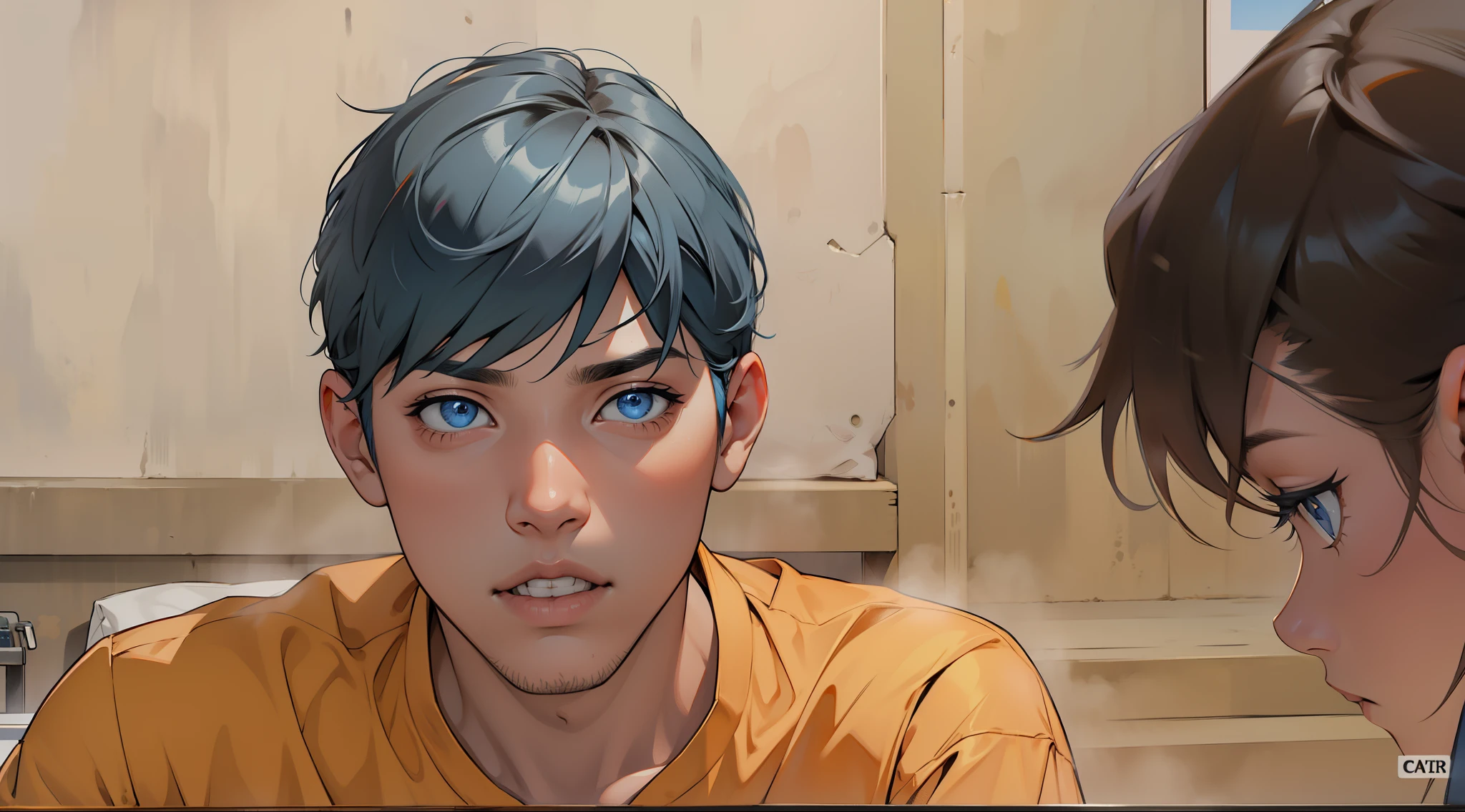 tiene cabello y ojos de color naranja , camisa de color azul cielo