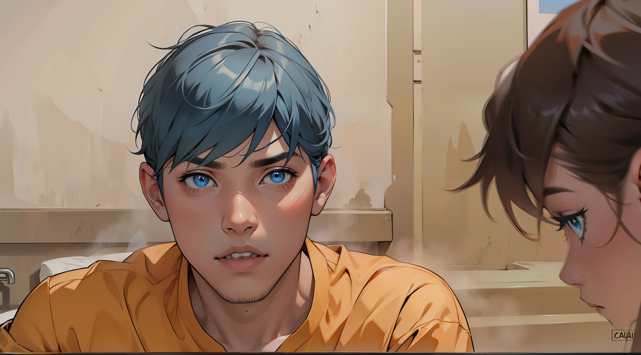 tiene cabello y ojos de color naranja , camisa de color azul cielo