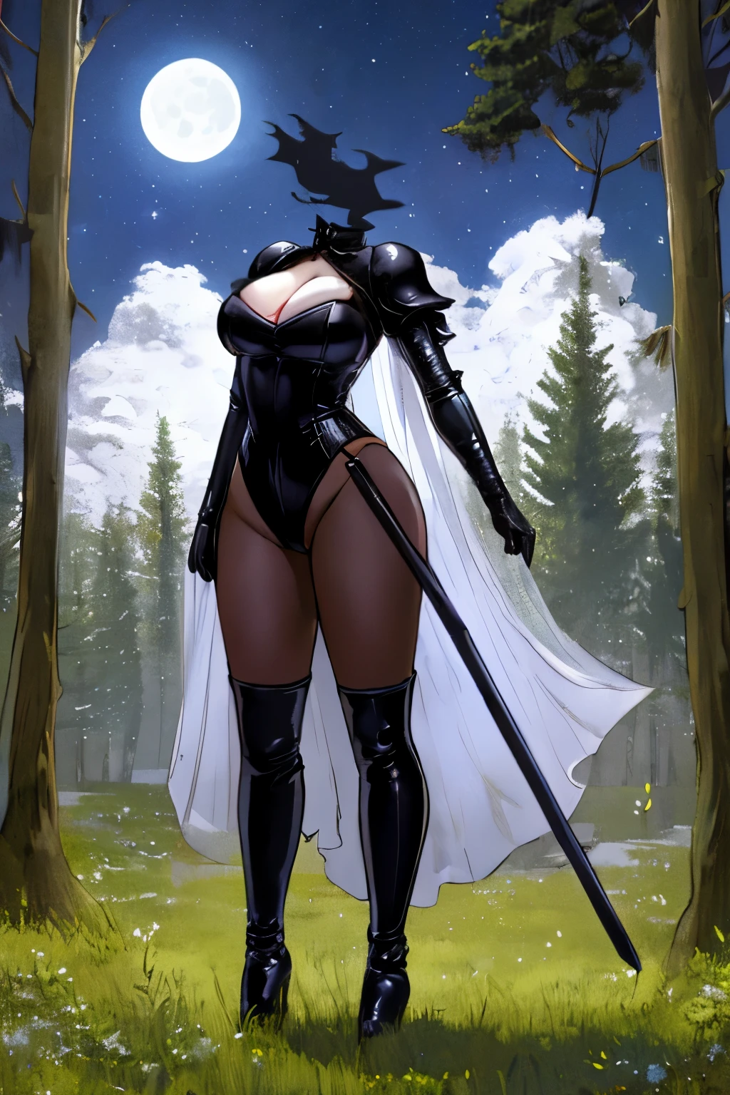 Highly detailed, High Quality, Masterpiece, beautiful, DisembodiedHead, 1girl, solo,  headless, knight, cleavage, armour, suit, black leotard, long sleeve gloves, white pantyhose, white tights, black high boots, sword, forest, tree, night, fantasy, moon, moonlight, full body, seductive pose,