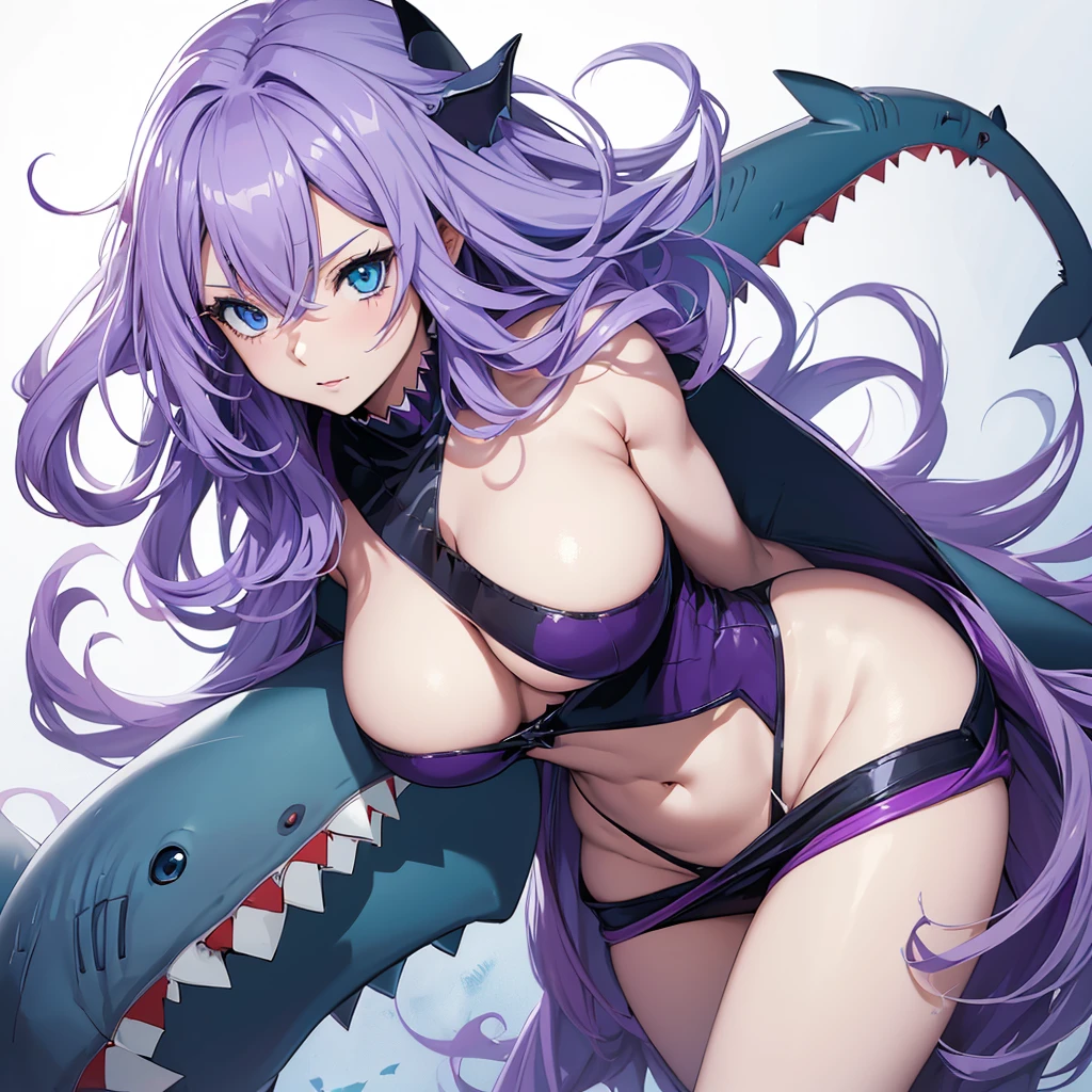 (((Anime))),(((1 woman half shark))),(((white skin))),(((Blue eyes))),(((Long purple wavy hair))),(Curvy body)