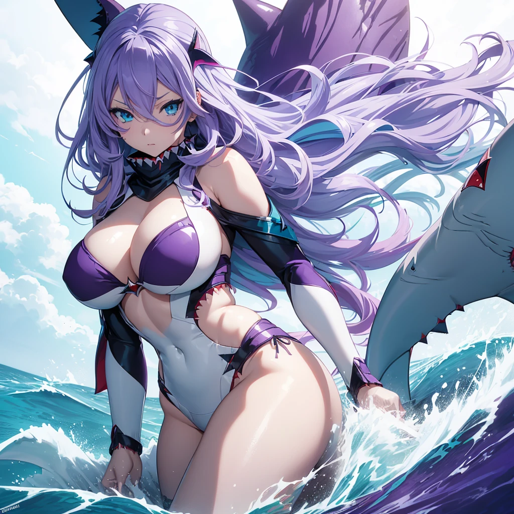 (((Anime))),(((1 woman half shark))),(((white skin))),(((Blue eyes))),(((Long purple wavy hair))),(Curvy body)
