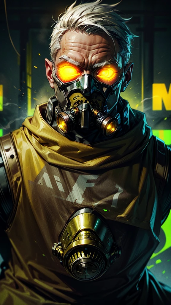 Man with eye lid and left eye very bright and radioactive yellow and lighting up the environment and gas mask in his mouth and lots of smoke coming out of his mask and brown hood and scars on his face and very serious and thick white hair style social and background full of yellow smoke and lights illuminating the environment 