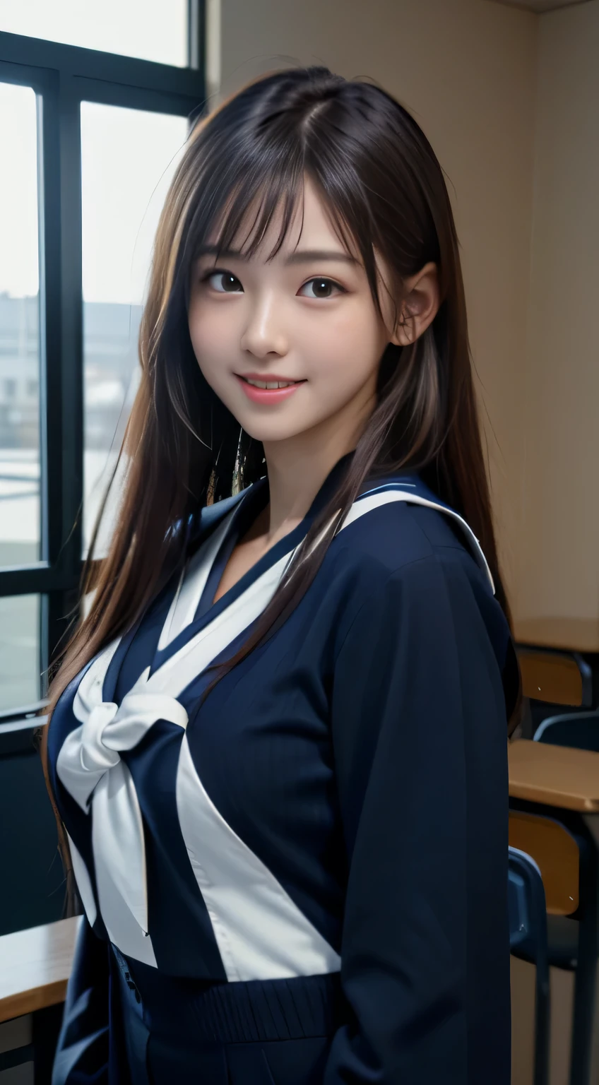 Face Interview, (Photoreal:1.4), (hyper realistic:1.4), (realistic:1.3), (smooth lighting:1.05), (Improve video lighting quality:0.9), 1 female, 16 year old female, realistic lighting, Backlight, facial light, ray tracing, (cheerfulness:1.2), (Improved image quality:1.4), (Highest quality realistic textured skin), finely tuned, small face, smile, baby face, red cheeks, slender body, medium-breasted pointed jaws,,,,,,,,,,,,, Japan idol system, Nogizaka idol, glowing skin, fiery idol pose, P, dull bangs, black hair, hair behind the ear, shoulder hair, long hair,Summer plateau、no makeup、Inside the high school classroom、(Navy blue long-sleeved sailor suit:1.5)