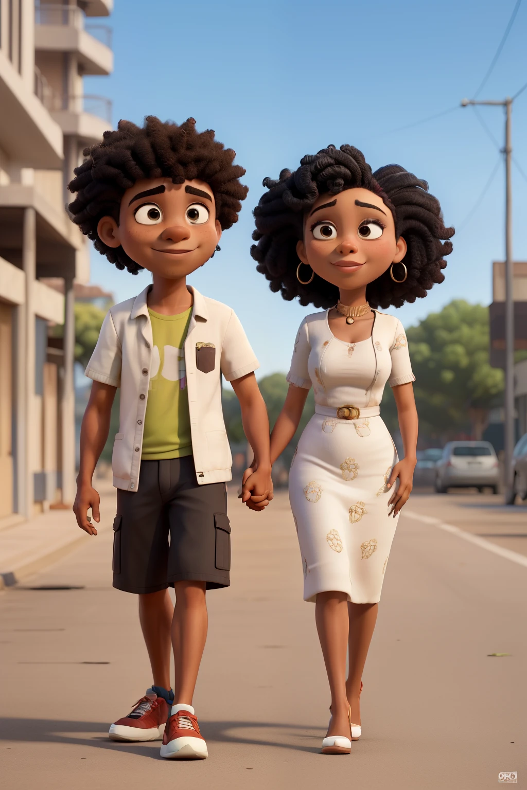 ((casal afroamericano andando na rua )), ((cartoon)), ((melhor qualidade)), ((obra de arte)), (detalhado), rosto perfeito