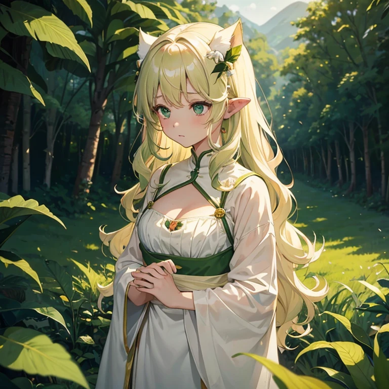 Cream hair color,girl,Cream clothes,Green hair ornament,leaf-like ears,kind,Generous,Perm hair,sexy,cleavage,cutout,alone,natural wavy hair,Being Calm,Grass,nature,Green decoration