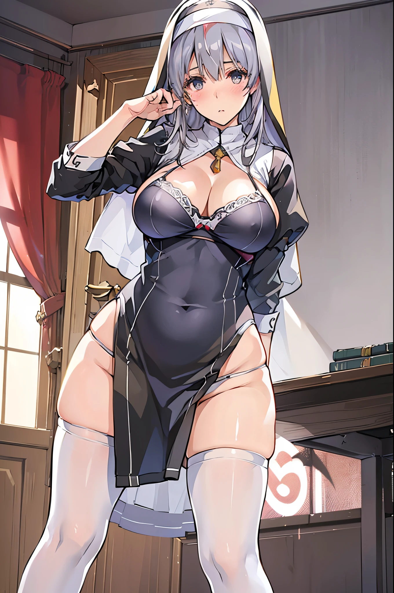 (best quality, In 4K, 8K, High resolution, muste piece:1.2),Super detailed, (Reality, photorealistic, photorealistic:1.37), 30 year old woman,ripe woman,Mature woman,((Inside a modest small room),muste piece, Top quality, Ultra-fine,maximum resolution, Extremely detailed, ((nun,Angle from below,white bra,white panties,thigh high socks,huge breasts,cleavage)),Cord,long gray hair,Seductive thighs,undressing,blush,standing split