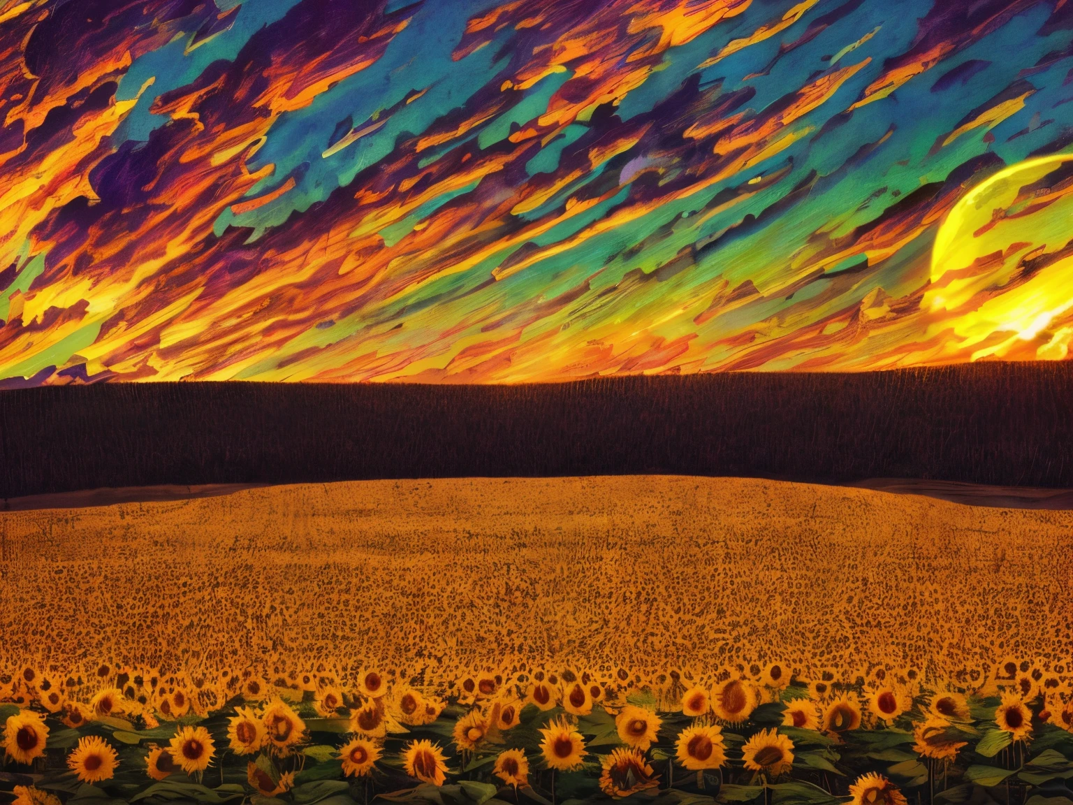 ((Midsummer Dusk)),sunflowers fields、twlight,Green Flash,landscapes,(Best Impact:1.5), (maximalism:1.7),Vivid contrast, (Realistic), hyperrealistic illustrations, hight resolution, ultra-detailliert, absurderes,(Fractal Art:1.3),Retro、Precise focus、cinema4d、Drama