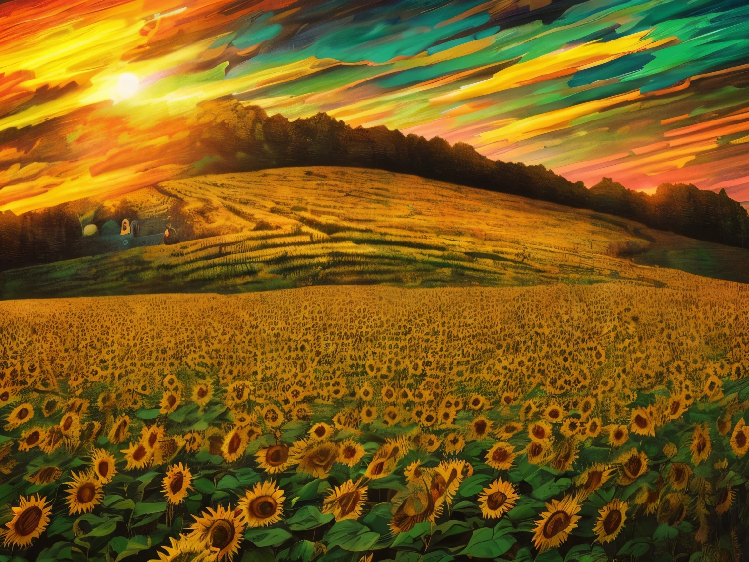 ((Midsummer Dusk)),sunflowers fields、twlight,Green Flash,landscapes,(Best Impact:1.5), (maximalism:1.7),Vivid contrast, (Realistic), hyperrealistic illustrations, hight resolution, ultra-detailliert, absurderes,(Fractal Art:1.3),Retro、Precise focus、cinema4d、Drama
