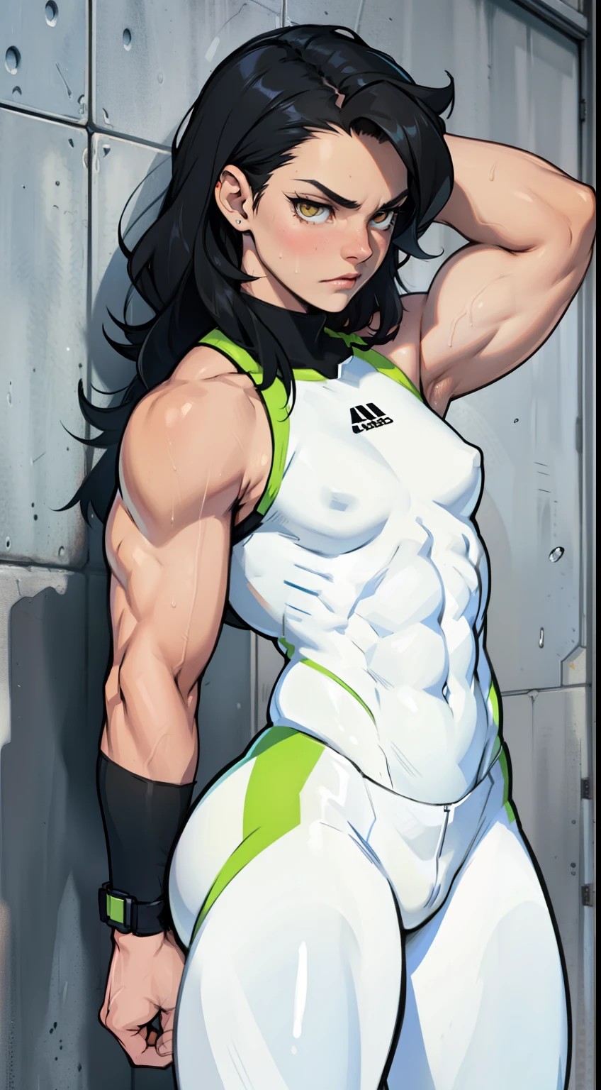 pale (((((girl))))) ((((muscular)))) ((small breasts toned body thick)) expressionless sad black hair yellow eyes pale sweaty skintight