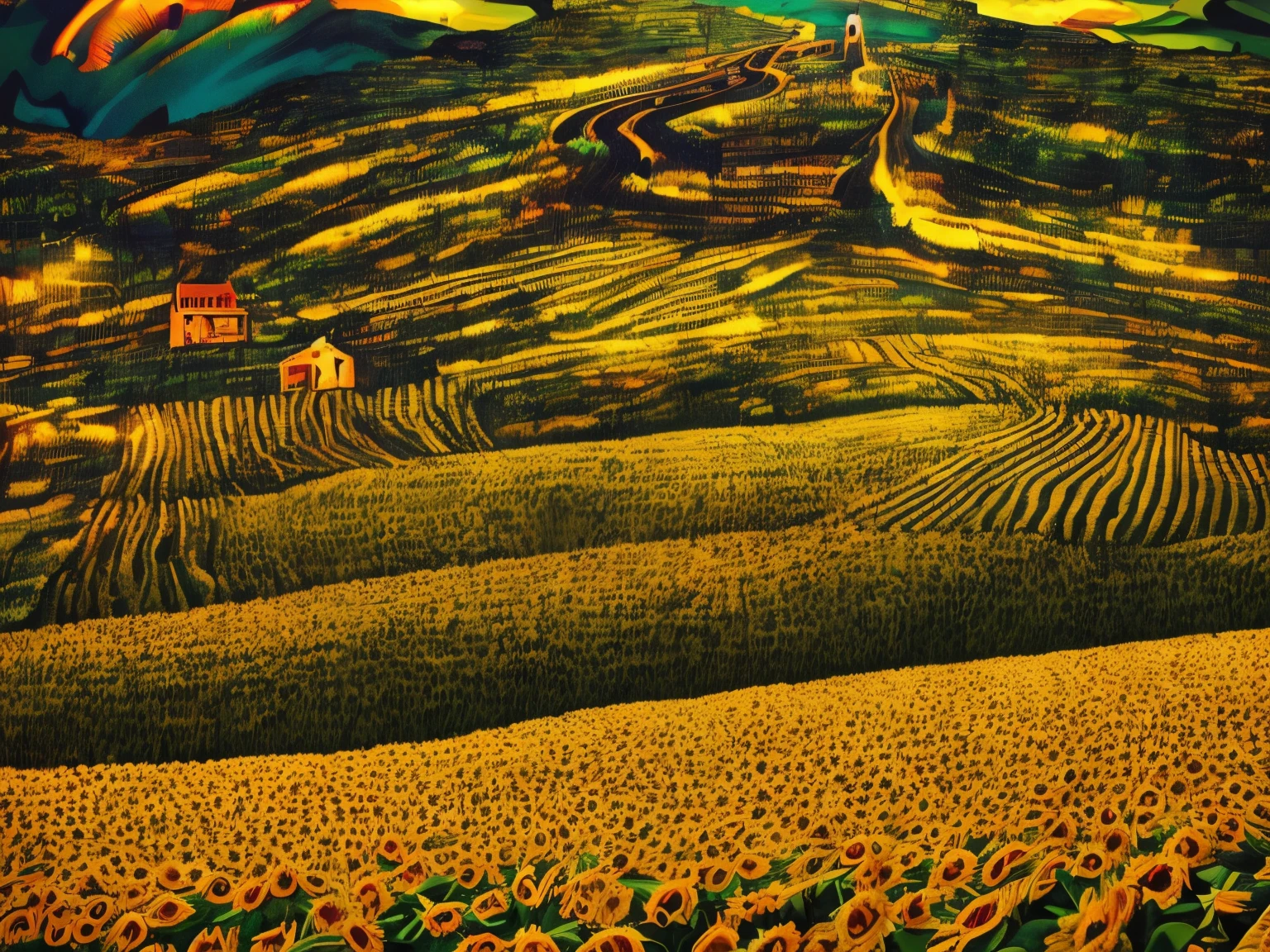 ((Midsummer Dusk)),sunflowers fields、twlight,Green Flash,landscapes,(Best Impact:1.5), (maximalism:1.7),Vivid contrast, (Realistic), hyperrealistic illustrations, hight resolution, ultra-detailliert, absurderes,(Fractal Art:1.3),Retro、Precise focus、cinema4d、Drama