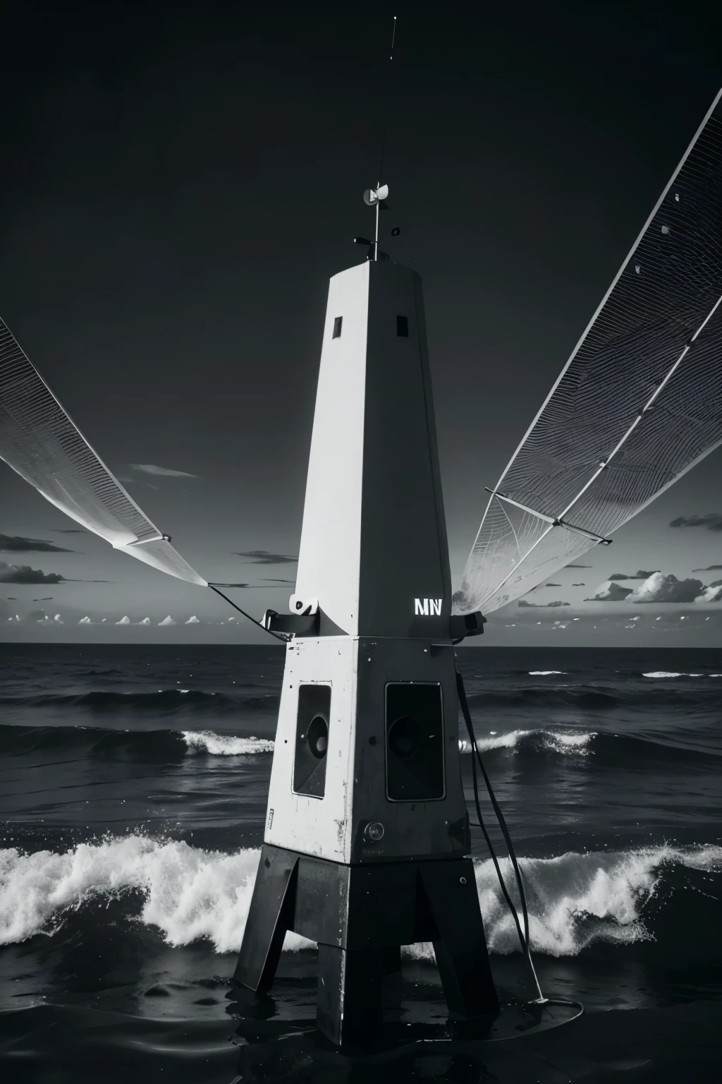 black and white drawing of a broadcast antenna emitting signal waves