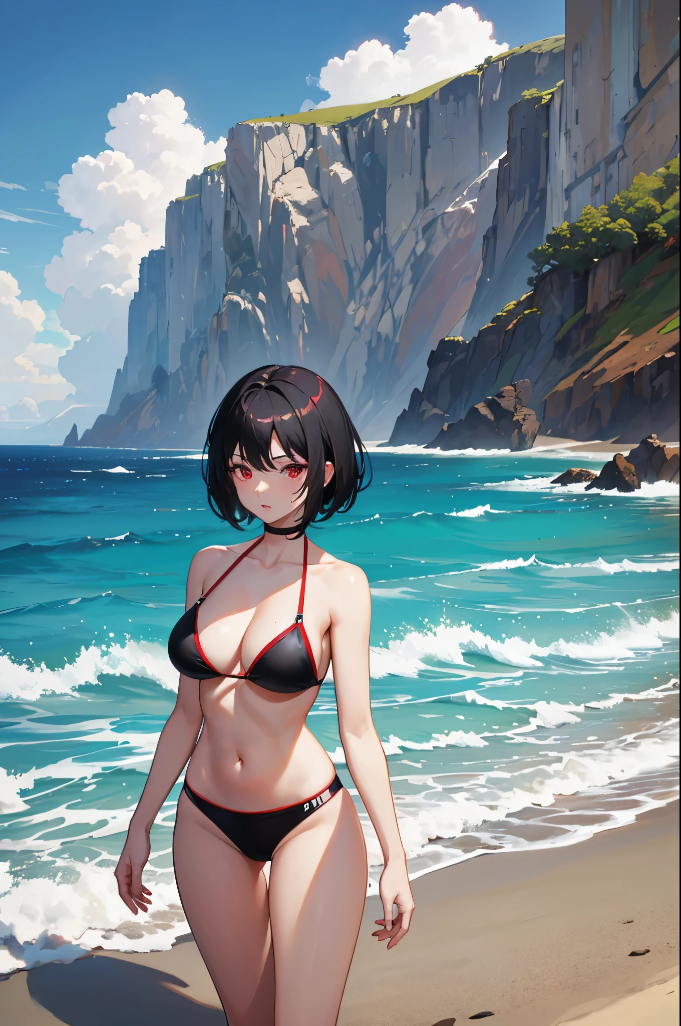1woman, short black hair, red eyes, black bikini, beach, standing on ground, high res, ultra sharp, 8K, masterpiece