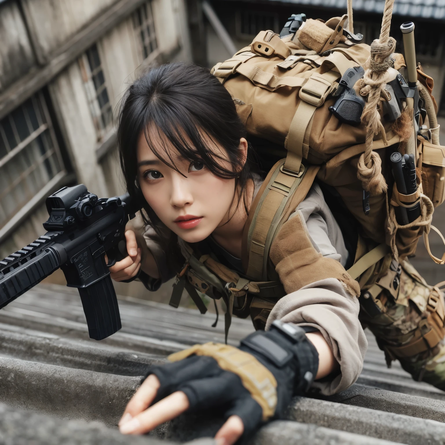 photorealistic、realistic skin texture、automatic rifle、