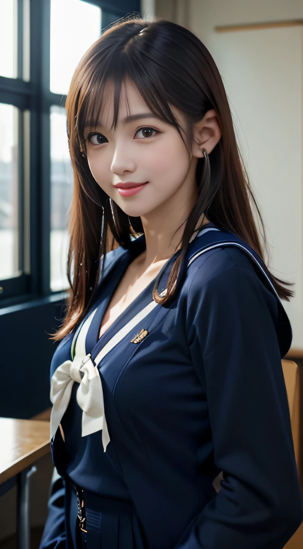Face Interview, (Photoreal:1.4), (hyper realistic:1.4), (realistic:1.3), (smooth lighting:1.05), (Improve video lighting quality:0.9), 1 female, 16 year old female, realistic lighting, Backlight, facial light, ray tracing, (cheerfulness:1.2), (Improved image quality:1.4), (Highest quality realistic textured skin), finely tuned, small face, smile, baby face, red cheeks, slender body, medium-breasted pointed jaws,,,,,,,,,,,,, Japan idol system, Nogizaka idol, glowing skin, fiery idol pose, P, dull bangs, black hair, hair behind the ear, shoulder hair, long hair，Summer plateau、no makeup、Inside the high school classroom、(Navy blue long-sleeved sailor suit:1.5)
