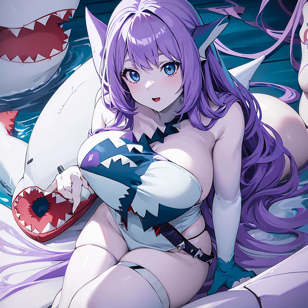 (((Anime))),(((1 woman half shark))),(((white skin))),(((Blue eyes))),(((Long purple wavy hair))),(Curvy body)