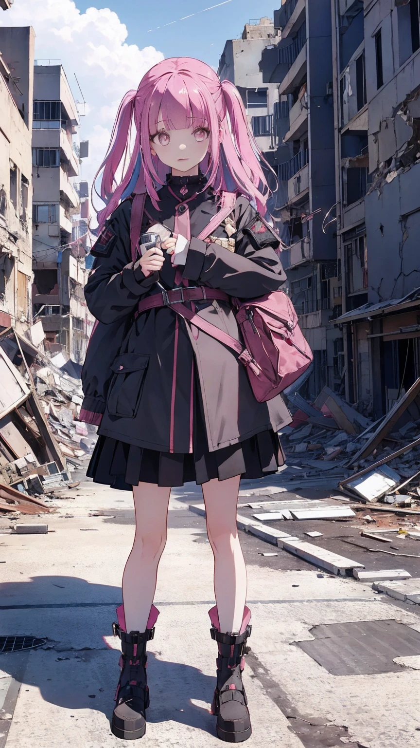 1 girl、pink hair、Pink eyes、black military uniform、evening、ruins、desolate place、rubble、cigarette、collapsed building、Black feathers、fantasy