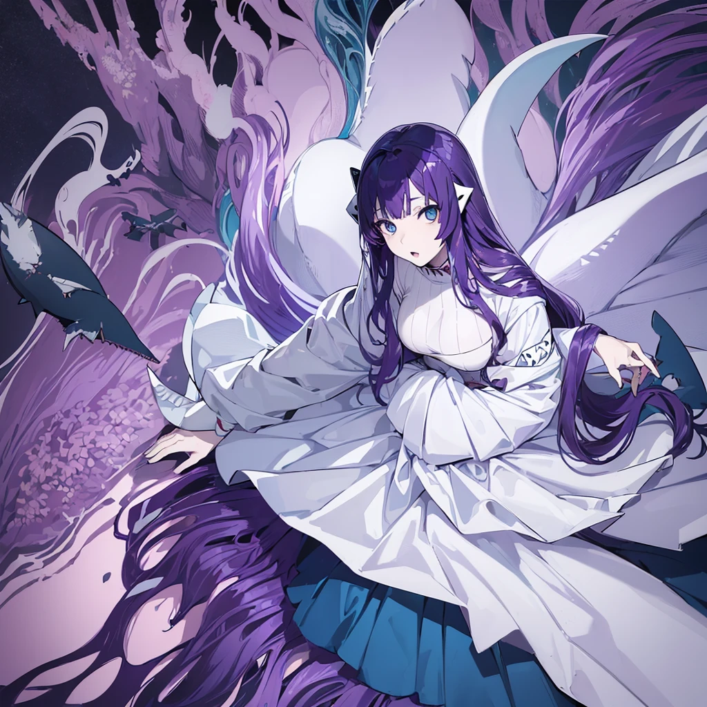 (((Anime))),(((1 woman half shark))),(((white skin))),(((Blue eyes))),(((Long purple wavy hair))),(Curvy body),(((Beautiful dress)))