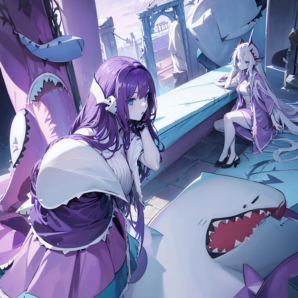 (((Anime))),(((1 woman half shark))),(((white skin))),(((Blue eyes))),(((Long purple wavy hair))),(Curvy body),(((Beautiful dress)))
