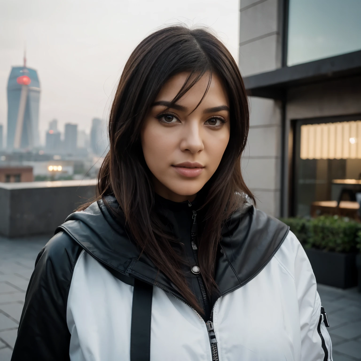 Attraktive libanesischen E-Girl frau, Kardashian-Gesicht, mit hellbrauner Haut, Naturally, kein Make-up, Naturally imperfections, schwarzes Haar, on shanghai rooftop, in winter coat, Aufgenommen mit einer Canon EOS R3 mit RF 1200mm f8 L IS USM, Realistische Fotografie, Hyperdetail, ULTRAHD, ULTRAHD, HDR, - no bad hands, keine Lampen