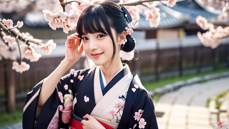 (8K、Raw photo、highest quality、masterpiece:1.2)、super detailed、Super high resolution、(realistic、photo realistic:1.37)、Portrait、High detail RAW color photography、professional photos、very delicate and beautiful、very detailed、 8k wallpaper、grow、finely、huge file size、official art、very detailed CG Unity 8K 壁紙、very detailed美少女、very detailed顔、extremely detailed eye、very detailed肌、very fine fingers、very detailed鼻、very detailed口、perfect anatomy、very detailed背景、very detailed服装、1 girl、(18-year-old:1.2)、10th generation、cute女の子、famous japanese idol、cute、(small breasts:1.2)、realistic body、petite、pure white skin、shiny skin、slender body、good style、black haired、hair tied up、(bangs:1.2)、laughter、cute、young、cute faces、lifelike face、Beautiful eyes、ordering sauce、(cherry blossom pattern kimono:1.4)、intricate embroidery、earrings、(Cherry Blossom Hair Ornament:1.2)、eye、cowboy shot、frontage、standing athletic pose、contrapo、outside the house、(night:1.4)、Japanese style、Kyoto、cherry blossom in full bloom、dynamic lighting、