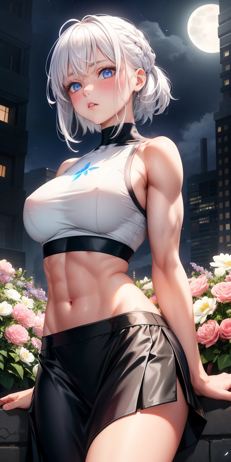 actual, 1 girl, white hair, blue eyes, glowing eyes, crop top, skirt, open lips, blush, Gym, flowers, night, moonlight, abdominal muscles, muscle , biceps