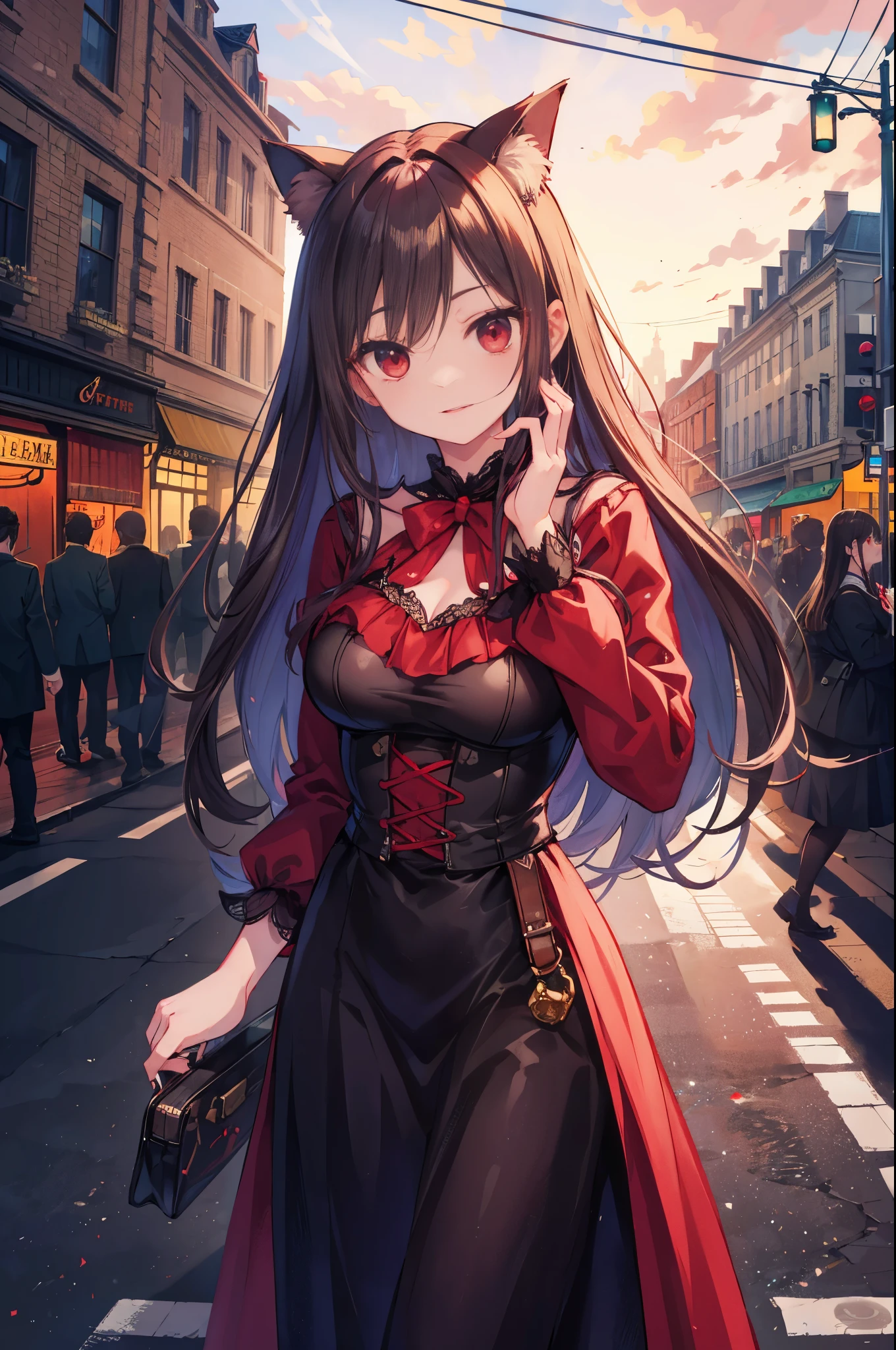 (((Top quality and highly detailed photorealism))),((Vampire Woman: Red Eyes、Very ),(Walk gracefully along bustling boulevards),(In the moonlight),(a scene from a movie:1.2))
