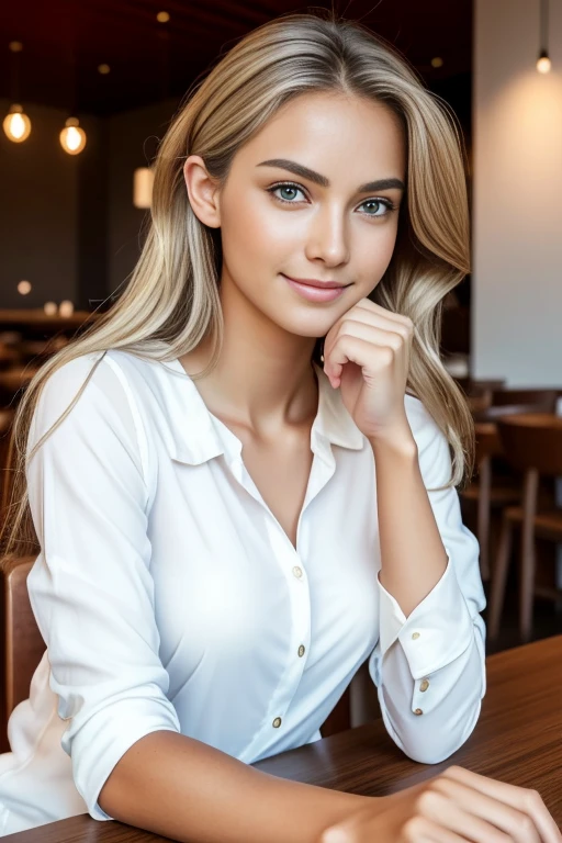 absurdres, RAW photo, highest quality, (masterpiece: 1.3), high detail RAW color photo, professional photo, extremely detailed CG 8k wallpaper unit, photo-realistic, realistic, RAW photo, masterpiece, best quality, highres,
1girl, 19 YEARS old, white, blonde hair, wavy, Average length, random hairstyle, athletic body, thin legs, perfect beautiful face, beautiful light brown realistic eyes, fair skin, detailed skin texture, very small natural breasts. Smile. She looks amazing. Drinking tea. (red blouse and jeans, simple design). In a restaurant in São Paulo.