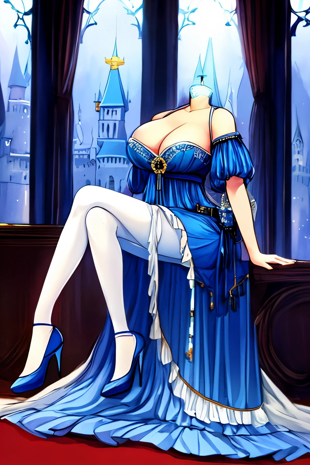 Highly detailed, High Quality, Masterpiece, beautiful, DisembodiedHead, 1girl, solo, headless, princess, cleavage, indigo blue dress, white pantyhose, indigo high heel, sitting, couch, living room, castle, fantasy,