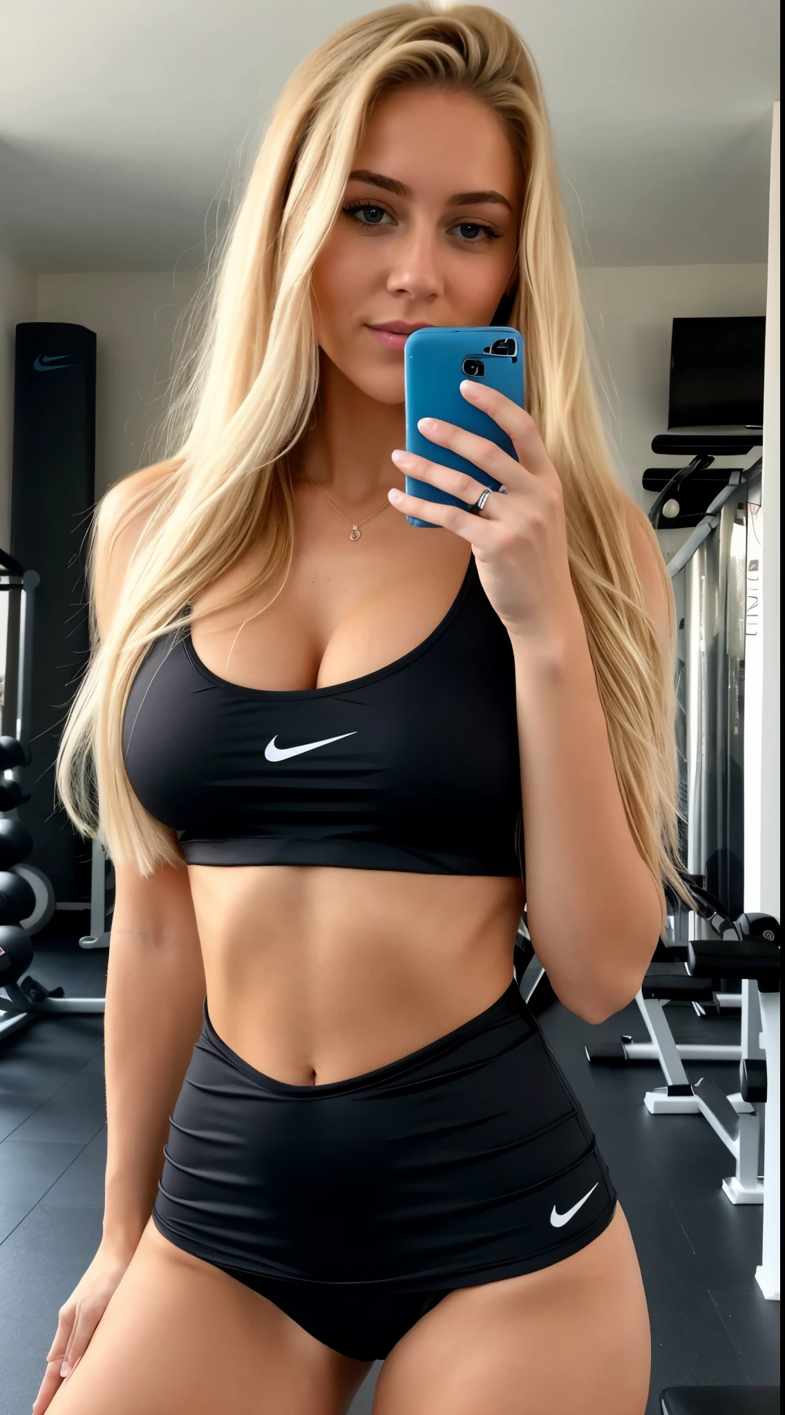 Une femme blonde de 23 ans, ((gros seins)), ((hyperréalisme)) ,. Cheveux blonds avec des yeux bleus, fitness, salle de sport, gymnastique, nike. cheveux blond, Cheveux avec des racines blondes, cheveux extra longs, Very long hair, Very long hair, beau, vue de face, selfie, Photo prize with the iPhone, Black chemise elegant with escote, Coupe-bas, selfie dans la salle de sport, high quality, selfie iPhone, clivage