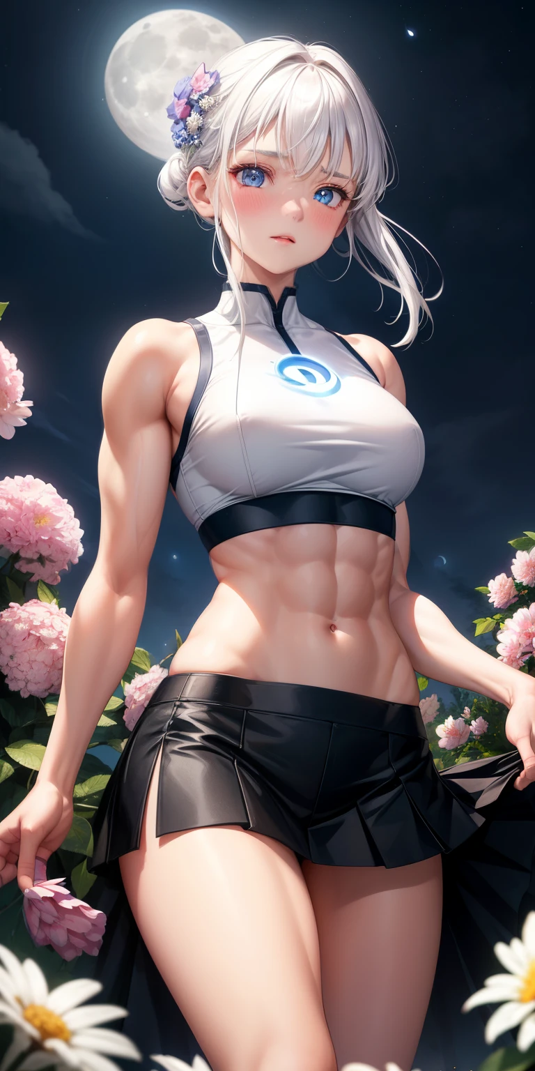 actual, 1 girl, white hair, blue eyes, glowing eyes, crop top, skirt, open lips, blush, Gym, flowers, night, moonlight, abdominal muscles, muscle , biceps