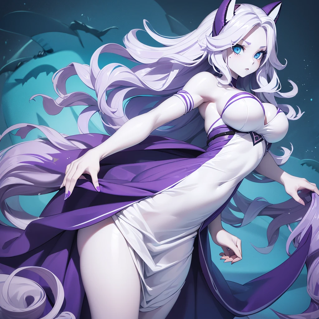 (((1 woman half shark))),(((white skin))),(((Blue eyes))),(((Long purple wavy hair))),(Curvy body),(((Beautiful dress))),(((Alone)))