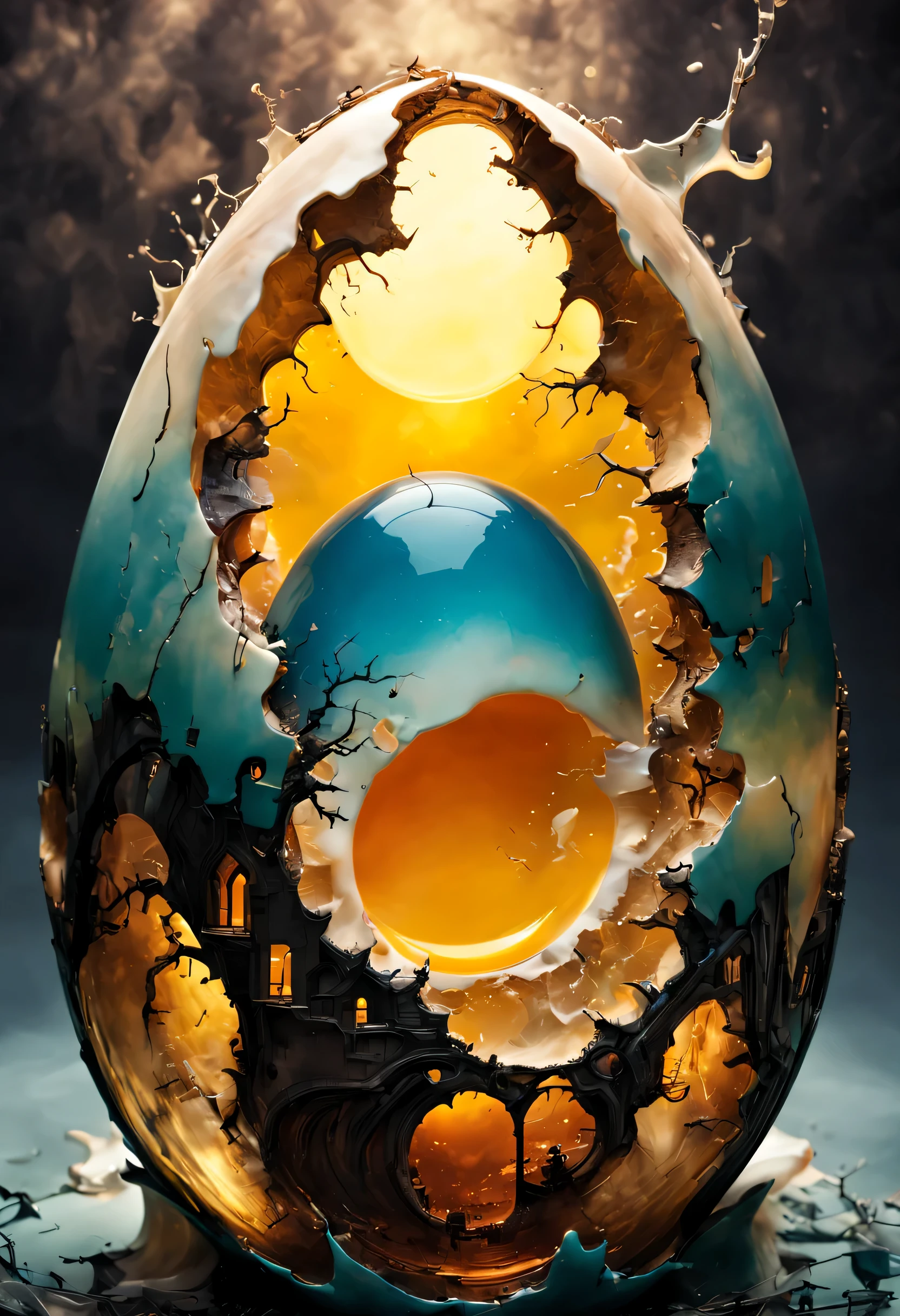macro photography, a marvelous cityscape emerging from inside of a cracked egg, egg yolk sun in sky, breathtaking, epic, masterpiece, dark background, highly intricate, insane, digital painting, fluid, light particles, dreamy, alcohol ink, smooth, shimmering, dreamy glow, conceptual art by alberto seveso, anna dittmann, arthur rackham, 16k