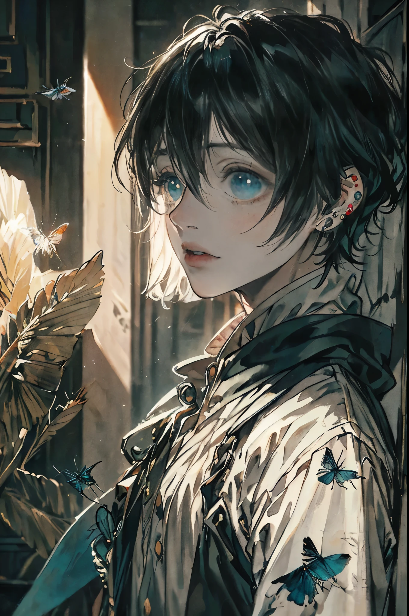 (best quality,4k,8k,highres,masterpiece:1.2),ultra-detailed,(realistic,photorealistic,photo-realistic:1.37),HDR,UHD,studio lighting,ultra-fine painting,sharp focus,physically-based rendering,extreme detail description,professional,vivid colors,bokeh,Portraits,Black and White, Warm tones, Soft lighting,

1 boy, acolecent, with black hair and piercing green eyes stands confidently at the center of the composition. He wears a sleek black cap that adds a stylish touch to his appearance. Adorned in a black jacket with a hint of sheen, he exudes an air of mystery and intrigue. Underneath, he sports a gray shirt that echoes the industrial palette of the underground subway.

As the focus of the artwork, the boy is surrounded by a swarm of robot insects, each with intricate mechanical details and a futuristic aesthetic. These insects obediently heed his command as he controls their movements with precision and skill. Their metallic bodies shimmer with shades of silver and iridescent blue, creating mesmerizing reflections in the ambient subway light.

The underground setting adds depth and atmosphere to the scene, with dimly lit tunnels stretching into the distance. Soft, ethereal beams of light filter through the narrow gaps in the ceiling, casting delicate shadows on the boy's face. The interplay of light and shadow emphasizes his determination and resilience in the face of the unknown.

The artwork is rendered with the utmost attention to detail, capturing the boy's features and expressions with uncanny realism. Every strand of his hair and every line of his face is painstakingly depicted, showcasing the artist's mastery of ultra-fine painting techniques. The resulting image is a true masterpiece, evoking emotion and inviting the viewer to delve into the boy's enigmatic world.

Throughout the composition, warm tones and a black and white aesthetic prevail, creating a sense of timeless elegance. The subdued color palette accentuates the boy's vibrant green eyes, drawing the